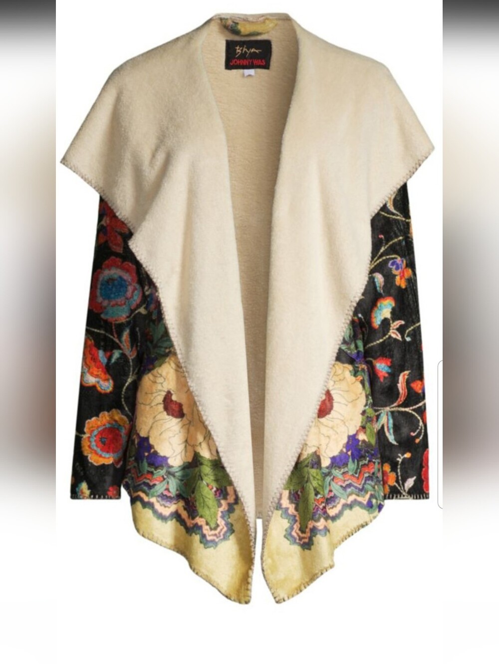 Johnny Was Cream Front Floral-Embroidered Black Teddy Shawl Jacket